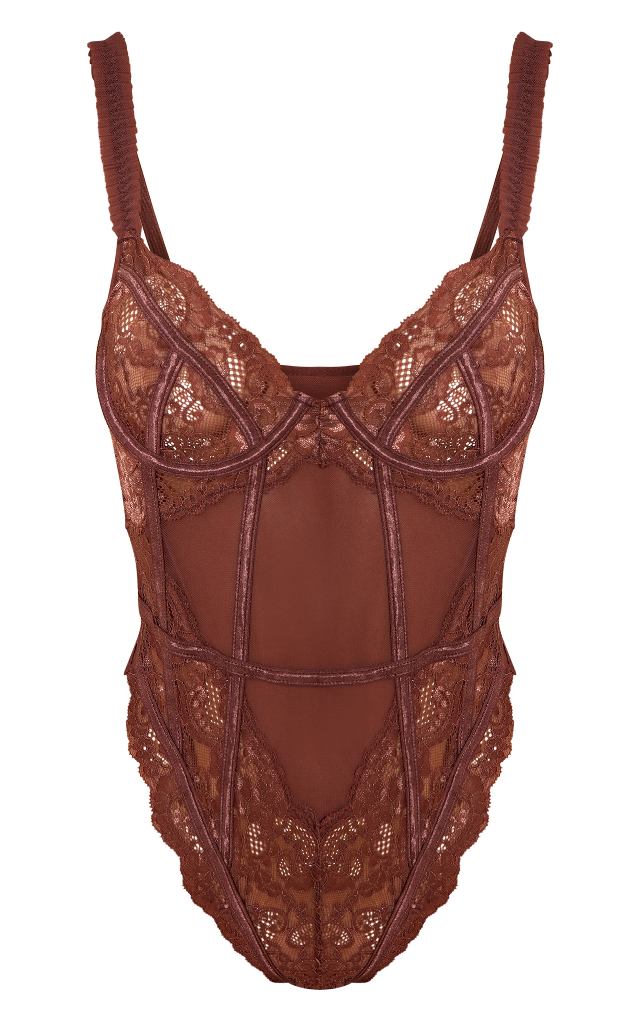 Chocolate Mesh Frill Detail Lace Bodysuit image 5