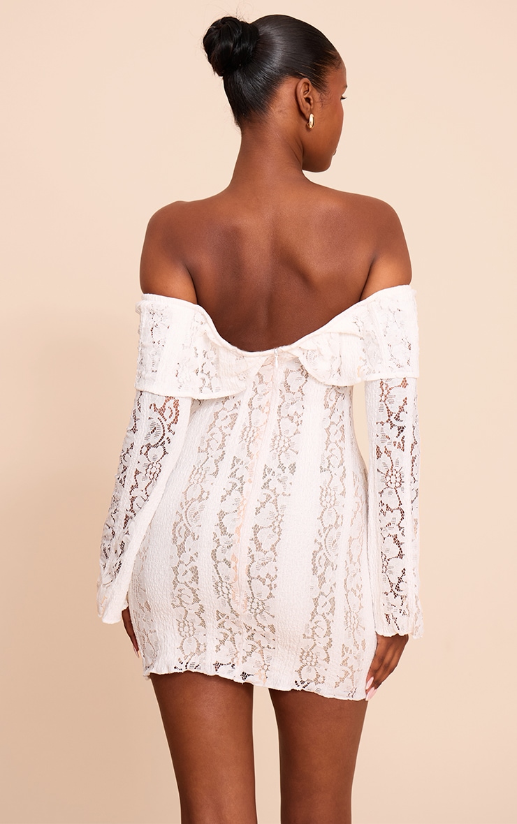 Cream Lace Bardot Long Sleeve Mini Dress image 2