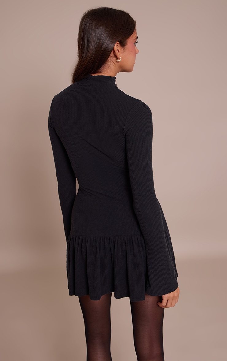 Black Brushed Rib High Neck Long Sleeve Shift Dress image 2