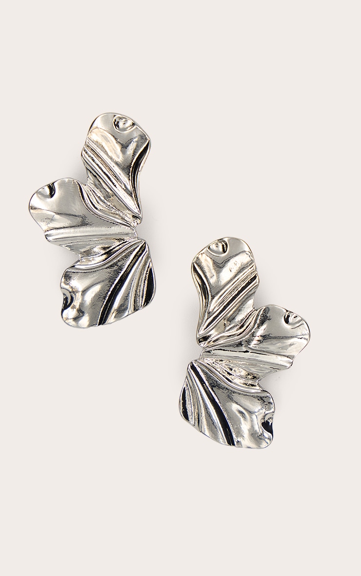 Silver Texture Half Flower Statement Earrings image 2