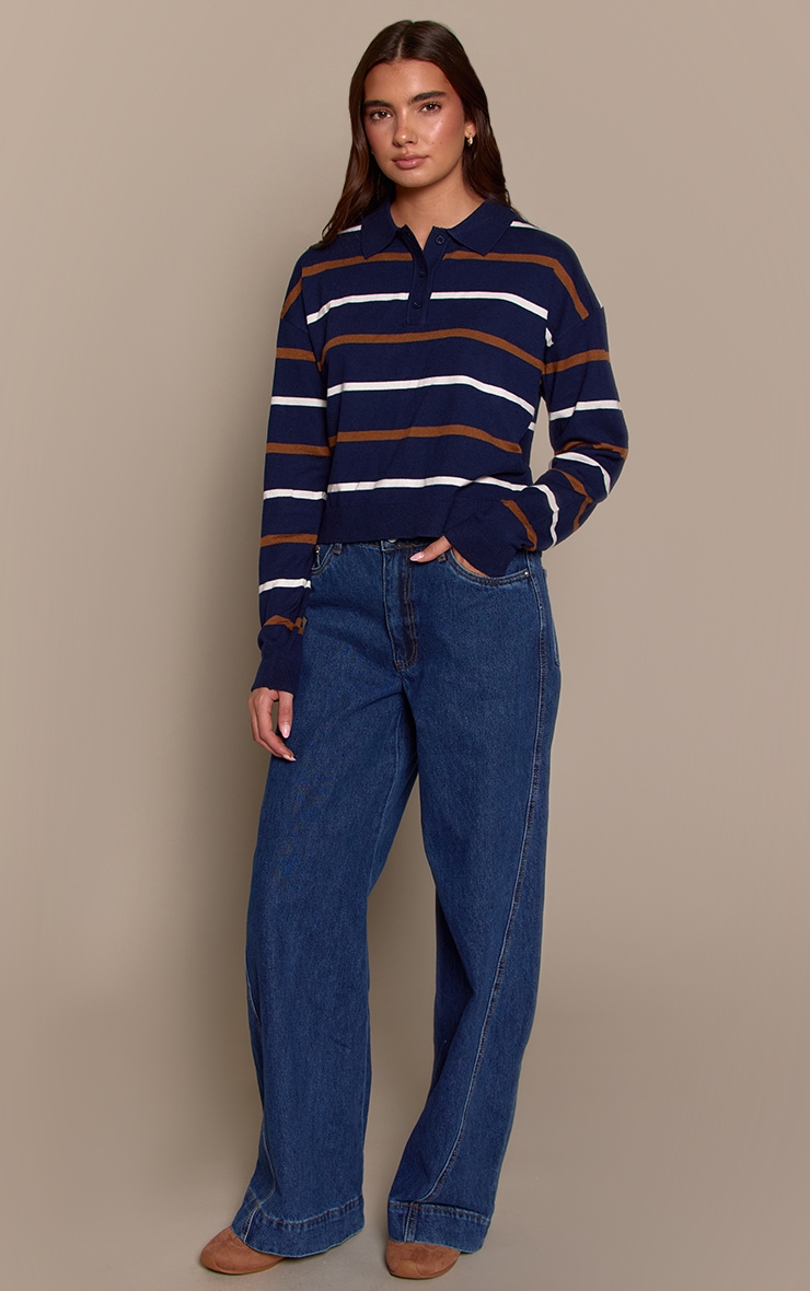 Navy Stripe Polo Knit Long Sleeve Rugby Top  image 3