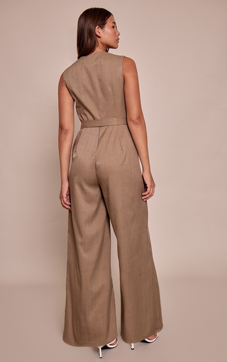 Taupe Woven Button Tie Belt Wide Leg Jumpsuit image 2