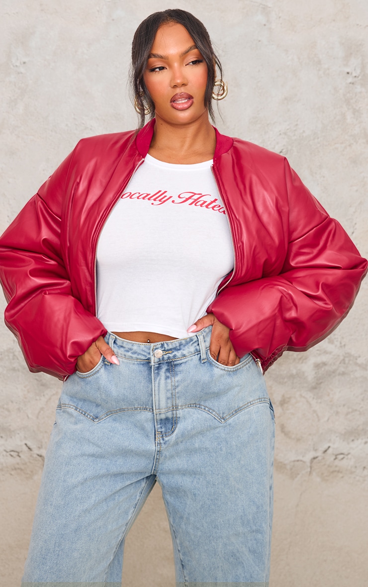 Plus Cherry Red Faux Leather Oversized Bomber Jacket image 1
