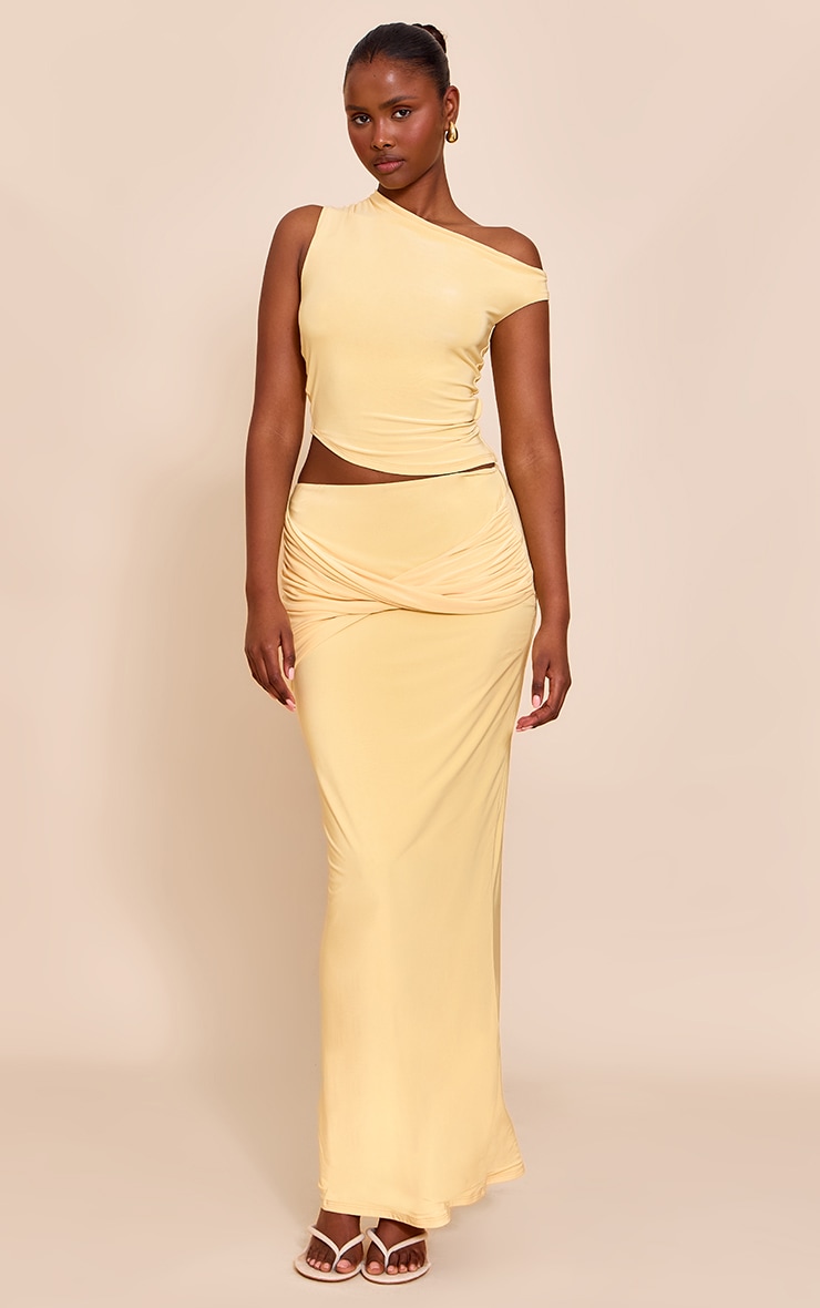 Butter Yellow Double Layered Slinky One Shoulder Longline Top image 3