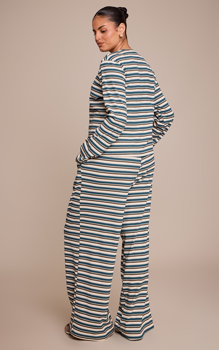 Plus Green Stripe Soft Rib Elasticated Waist Pant image 3