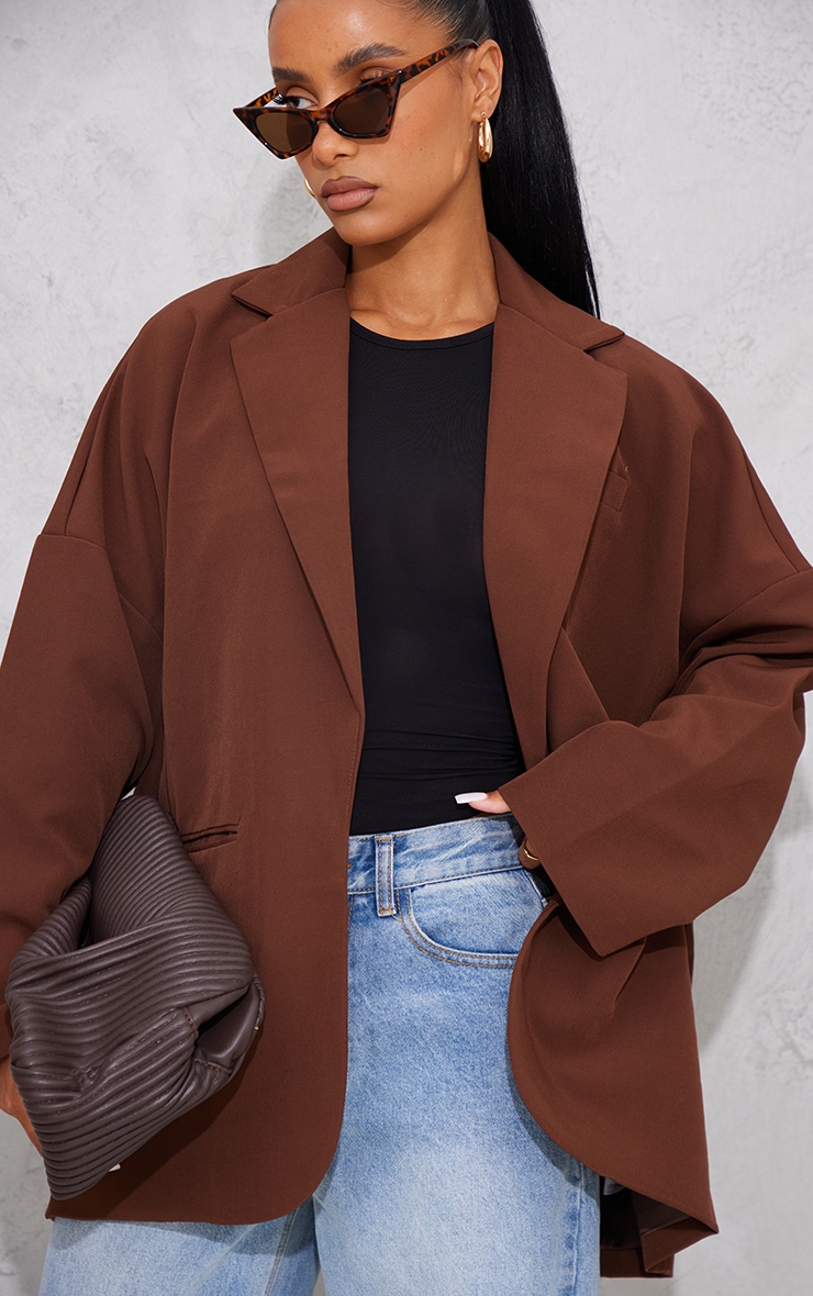 Chocolate Woven Drop Shoulder Oversized Dad Blazer image 4