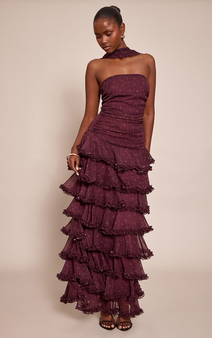 Robe longue en mousseline de soie rouge vin imprimé petites fleurs à étages volantés image 3