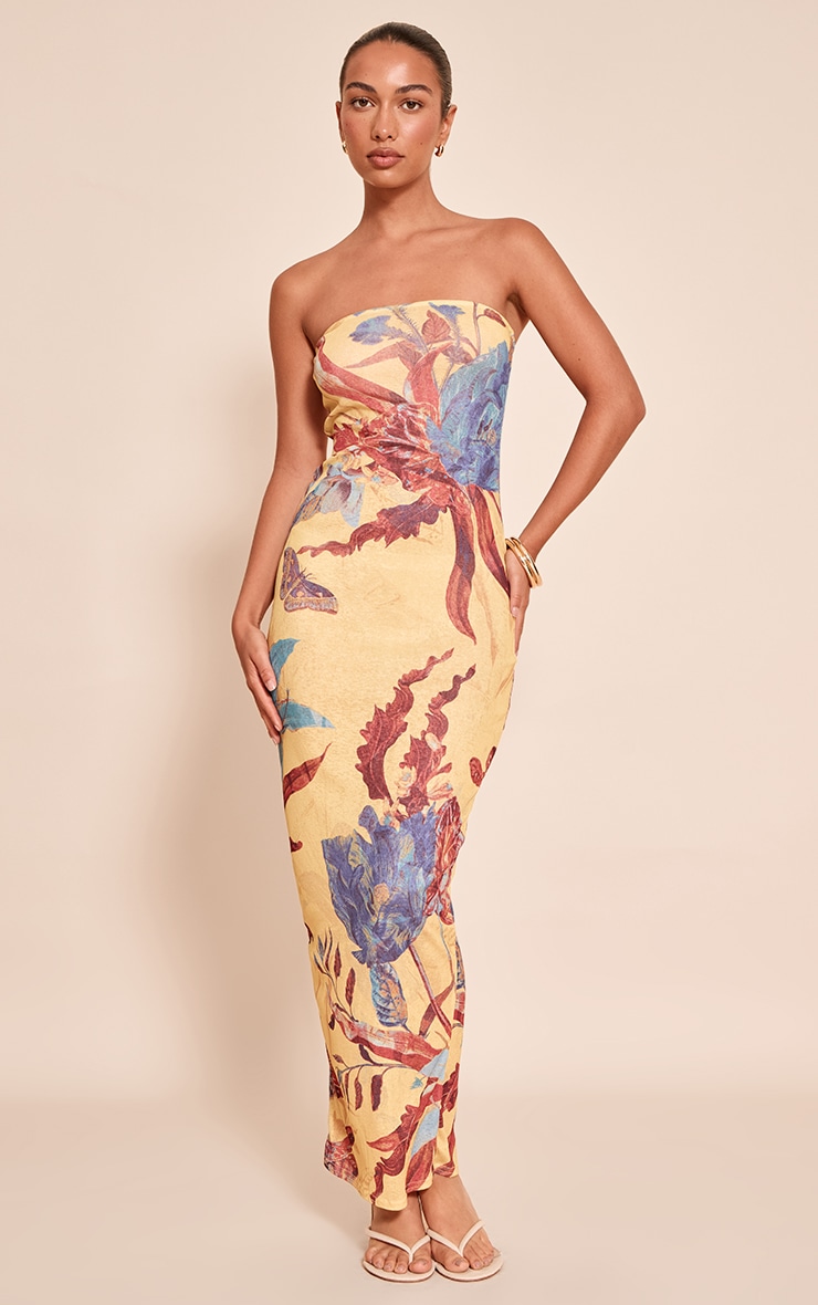Robe bustier longue texturée jaune imprimé fleuri abstrait image 1