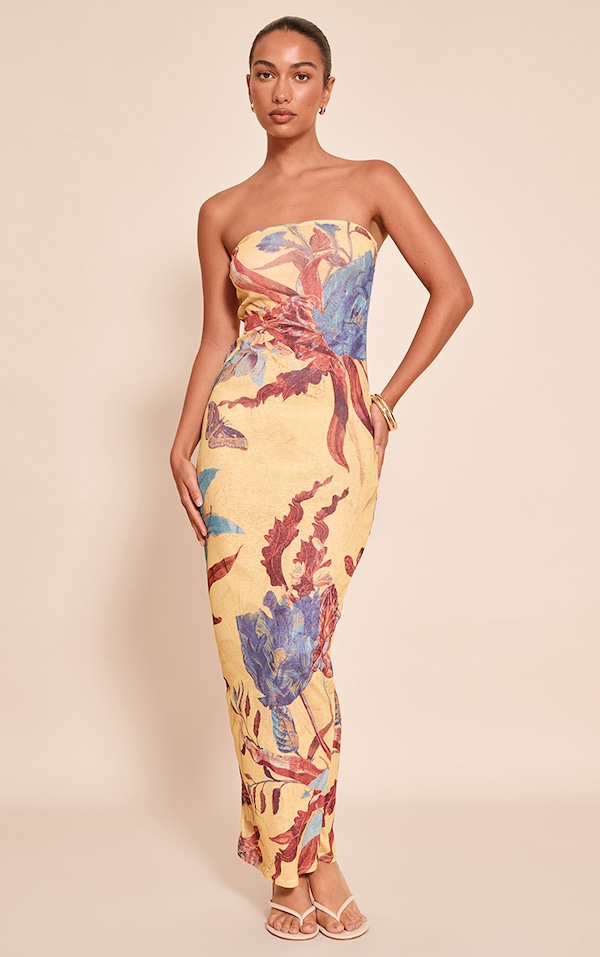 Robe bustier longue texturée jaune imprimé fleuri abstrait