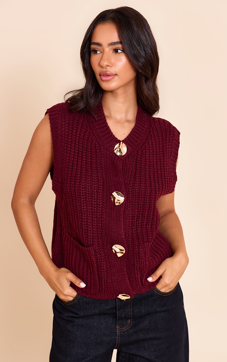 Petite Burgundy Button Detail Knitted Vest