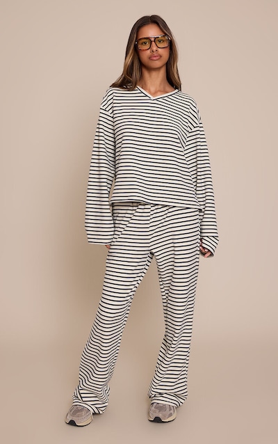 Petite Cream Stripe Soft Touch Drawstring Wide Leg Joggers