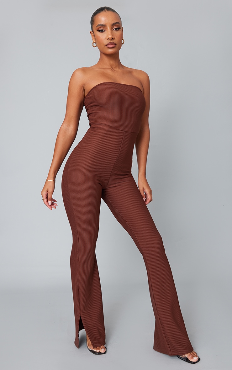 Chocolate Rib Bandeau Split Hem Jumpsuit image 1