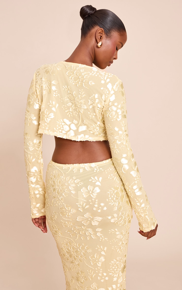 Butter Yellow Floral Sheer Button Cropped Top image 2