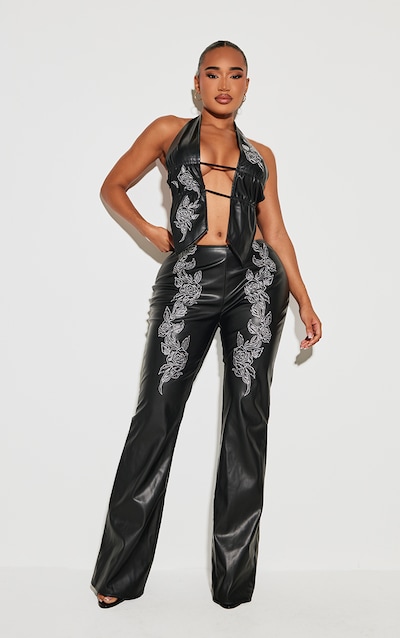Shape Black Faux Leather Embroidered Flare Pants
