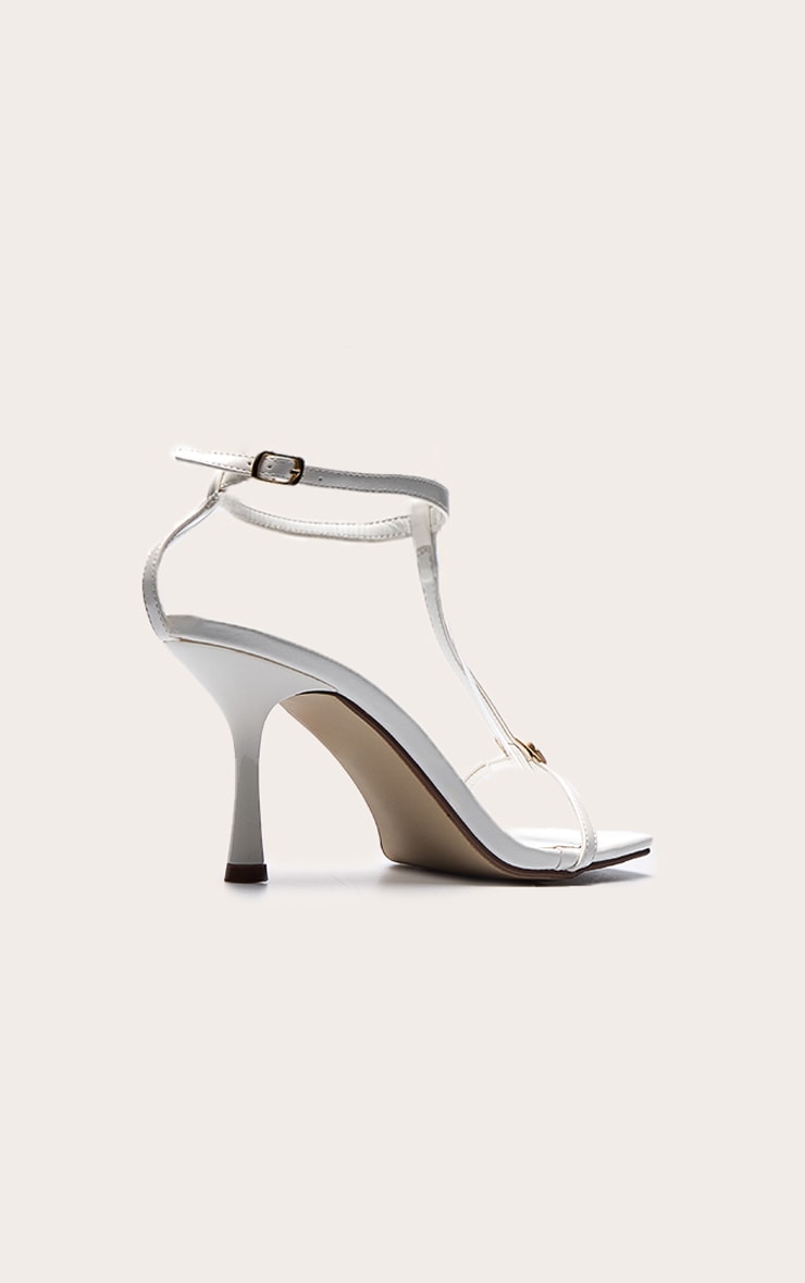 White Pu Square Toe Trim Detail Ankle Strap Mid Heeled Sandals image 4