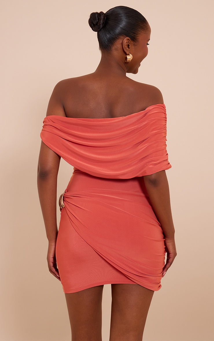 Orange Double Layer Slinky Off The Shoulder Trim Mini Dress image 2