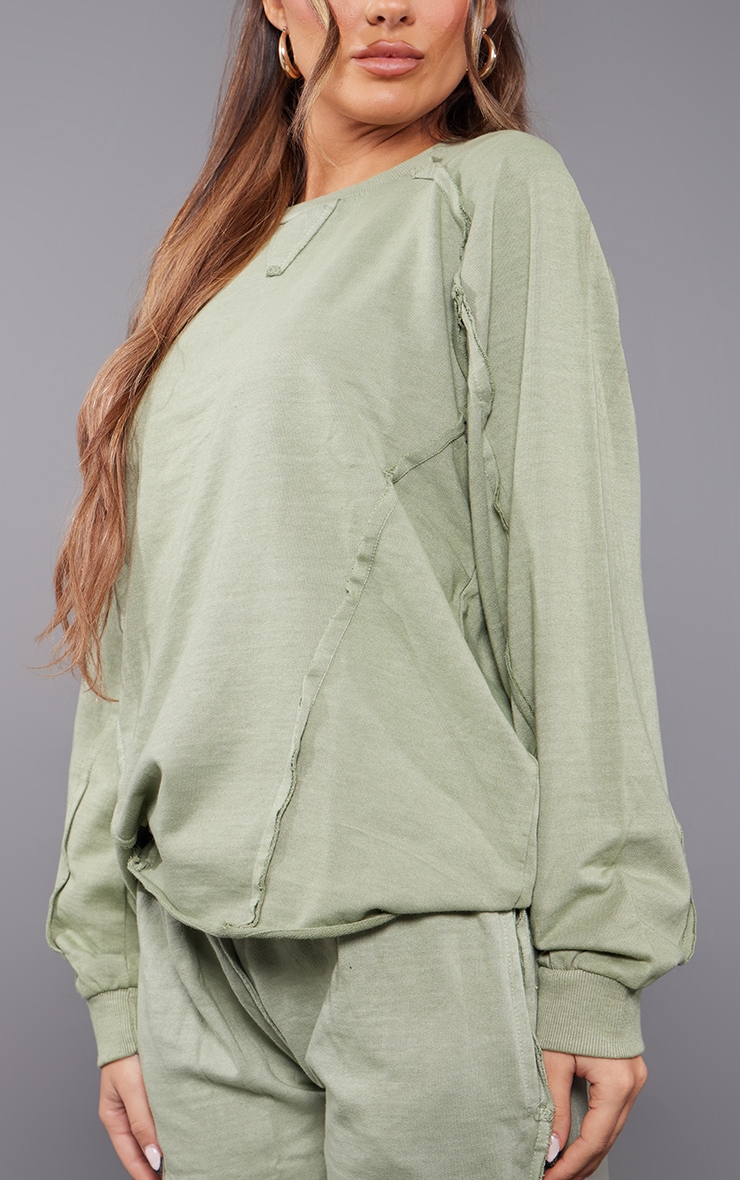 Khaki Washed Oversized Raw Edge Seam Detail Sweatshirt image 4