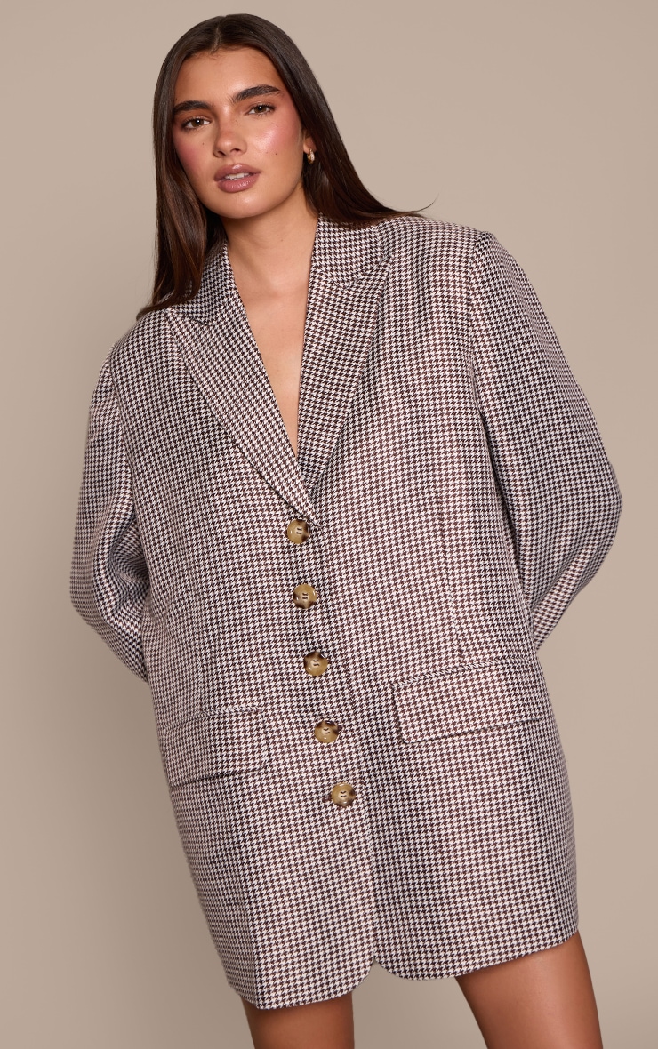 Chocolate Check Twill Shoulder Padded Oversized Blazer Dress