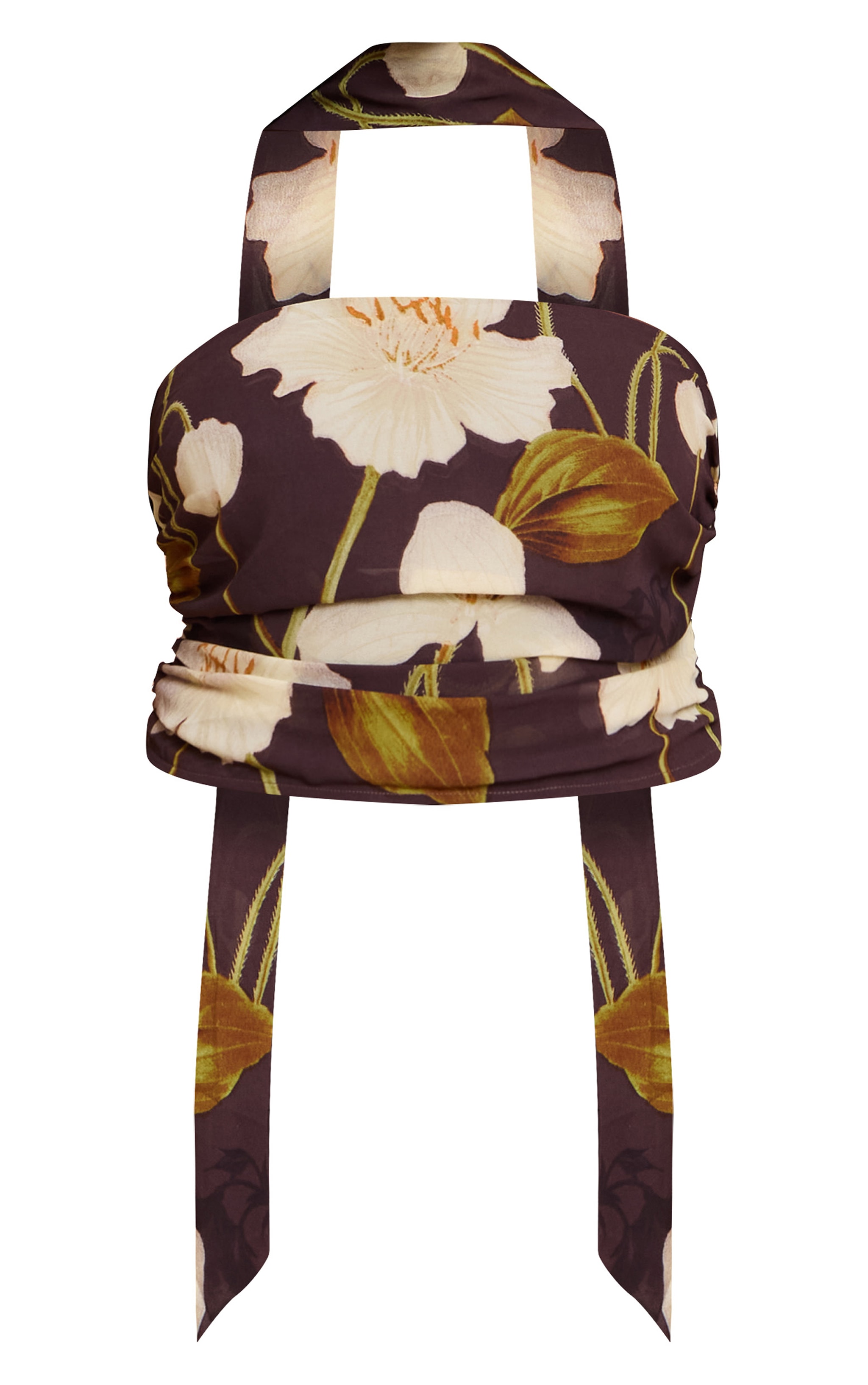 Plus Dark Chocolate Floral Printed Chiffon Scarf Detail Ruched Bandeau Top image 5