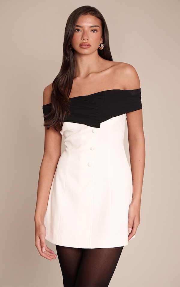 White Contrast Woven Bandeau Button Detail Mini Dress