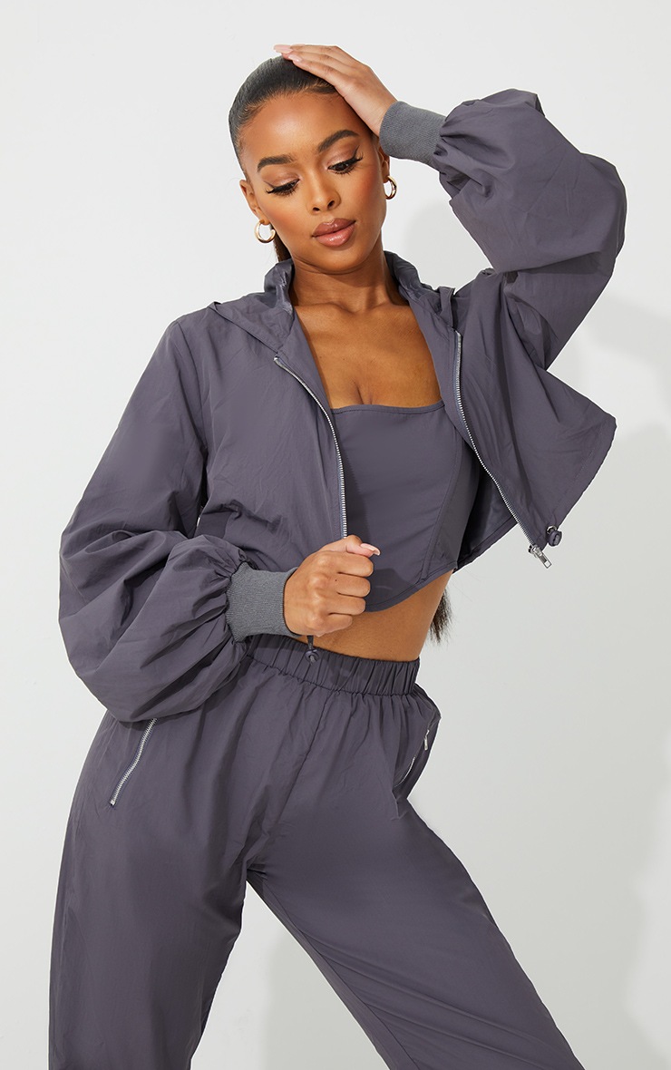 Grey Oversized Zip Up Cropped Hooded Jacket