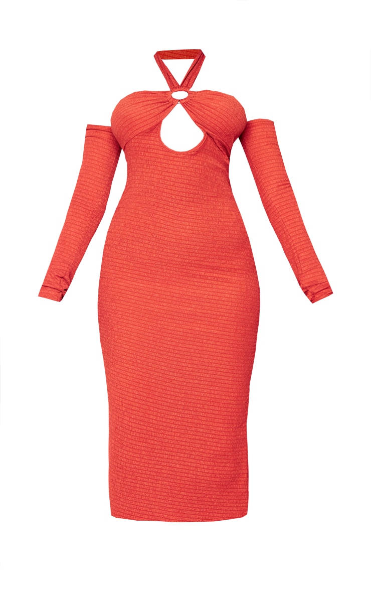 Rust Textured Ring Detail Halterneck Cold Shoulder Bodycon Dress image 5