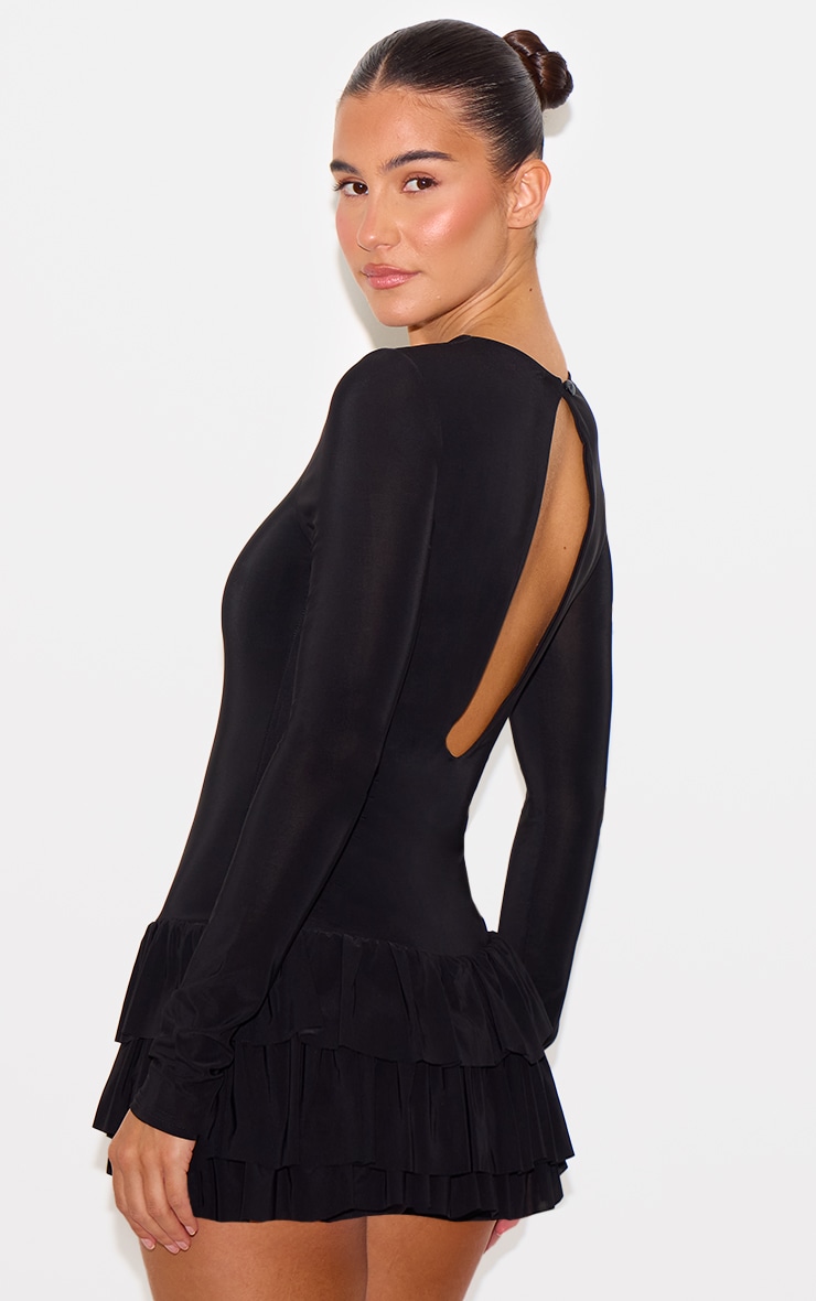 Black Double Layer Slinky Long Sleeve Rara Skort Romper image 2