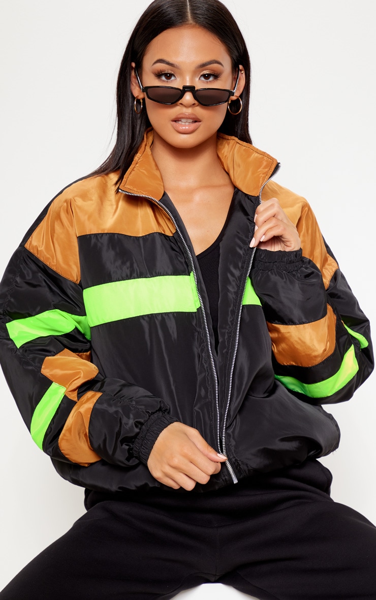 Black Padded Stripe Detail Bomber Jacket image 1