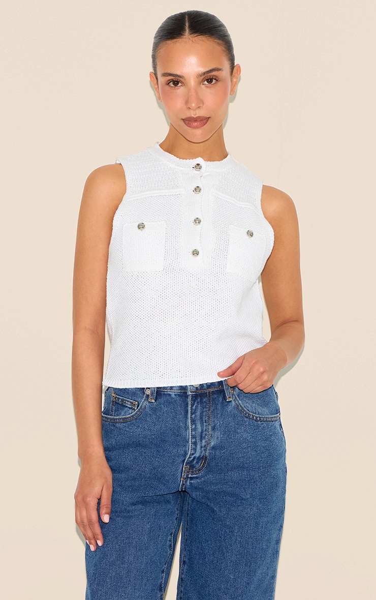 Petite White Knitted Long Top With Button Details image 1
