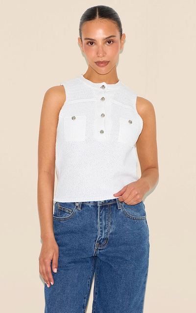 Petite Top long en maille tricot blanche à boutons