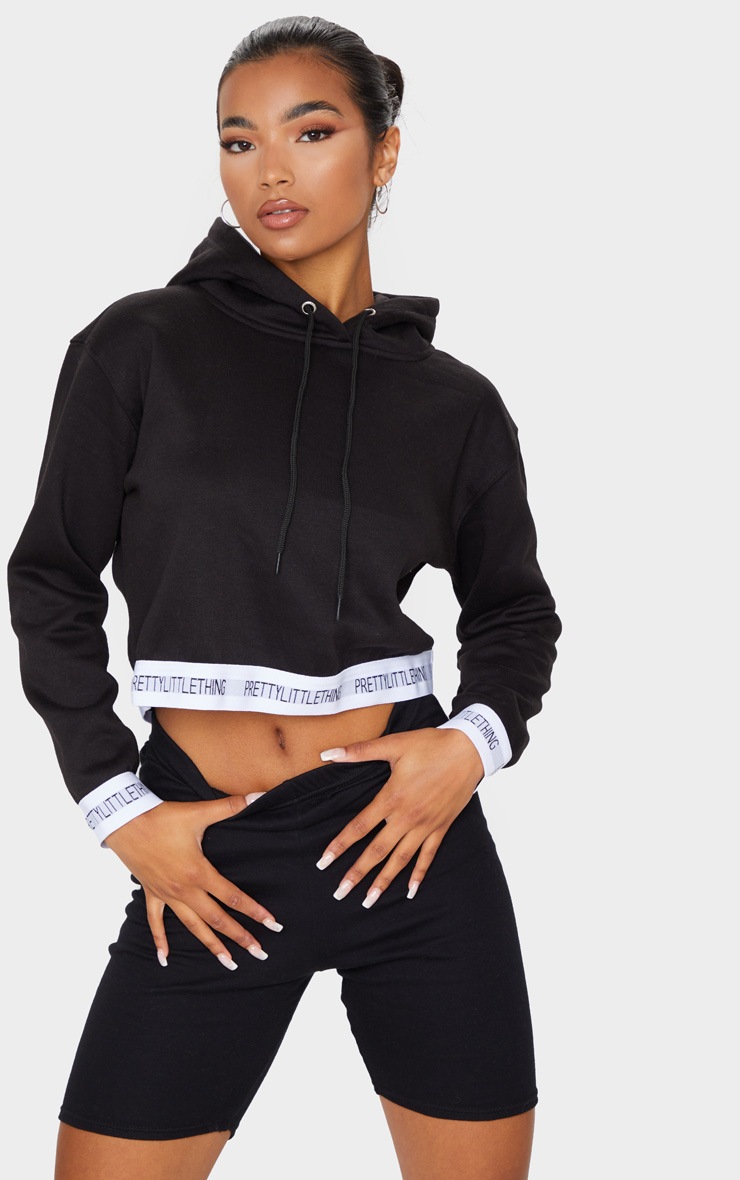 PRETTYLITTLETHING Black Trim Cropped Hoodie