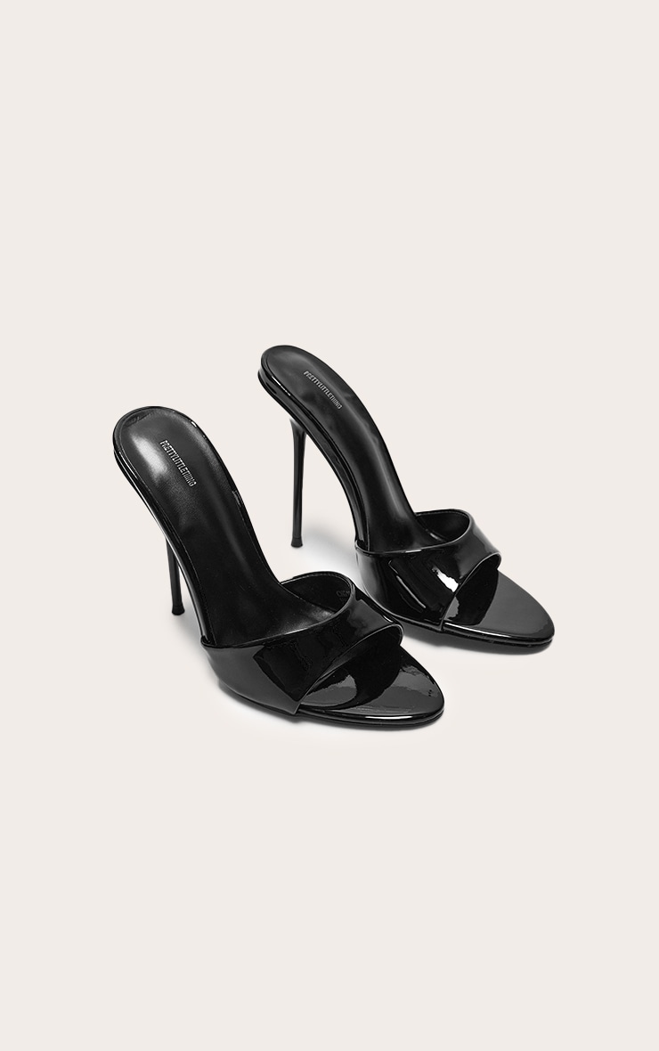 Black Pu Patent Point Toe Wide Fit Stiletto Heeled Mules image 2