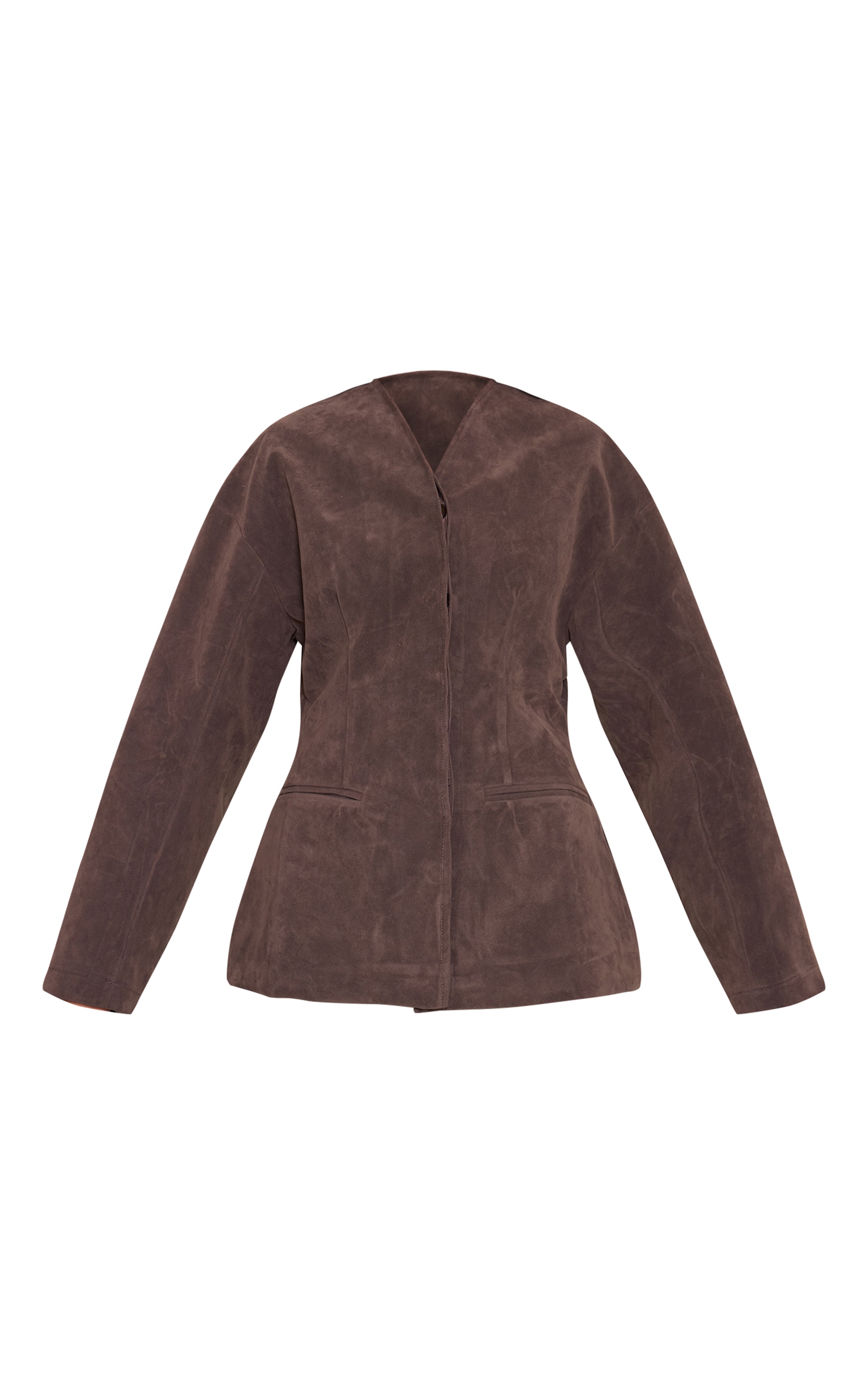Khaki Suede Collarless Cocoon Sleeve Blazer image 5