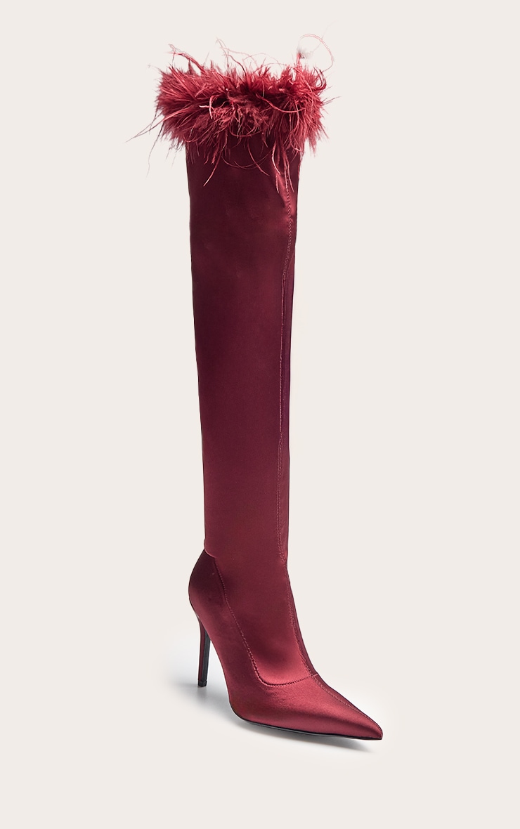 Oxblood Satin Feather Trim Heeled Knee High Boot image 2