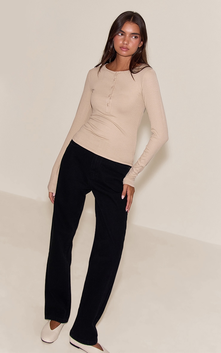 Oatmeal Soft Rib Button Up Fitted Long Sleeve Top image 3