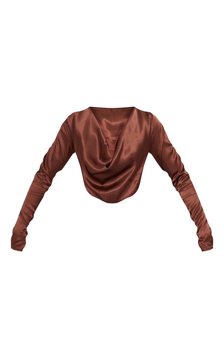 Chocolate Satin Cowl Long Sleeve Crop Top image 5