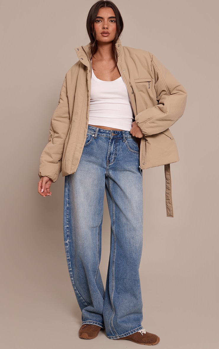 Manteau matelassé gris pierre à taille nouée image 3