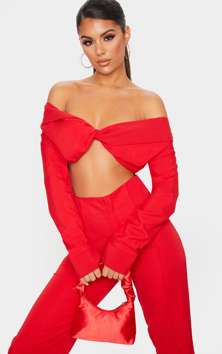 Red Twist Front Bardot Blouse