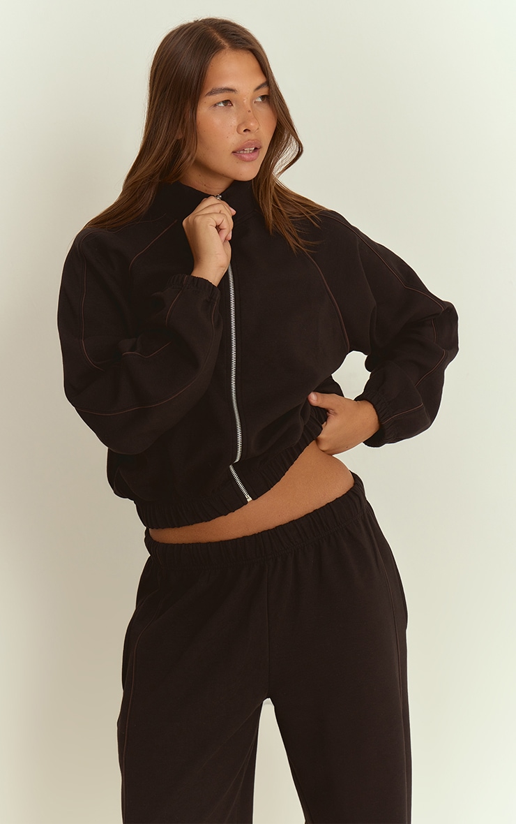 Black Interlock Contrast Piping Bomber Sweatshirt
