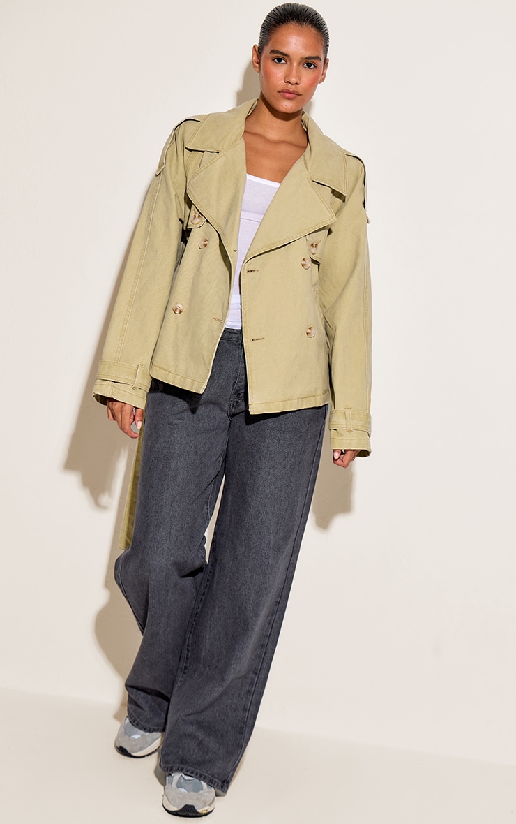 Sand Belted Cropped Button Detail Denim Trench image 3