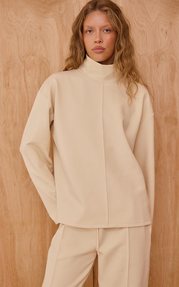 Cream Interlock Seam Funnel Neck Sweatshirt