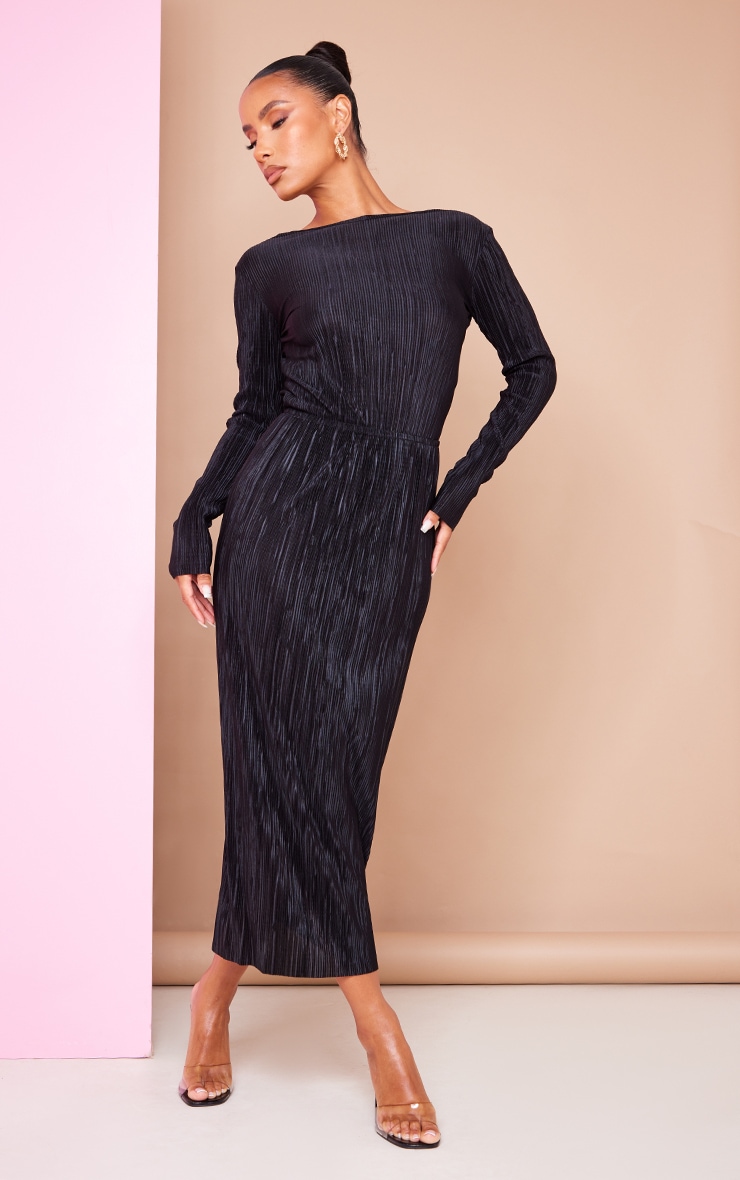Black Plisse Low Back Detail Long Sleeved Bodysuit image 3