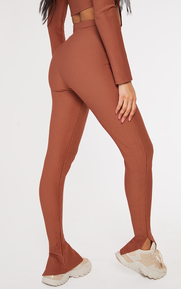 Brown Wide Rib Split Hem Leggings image 3