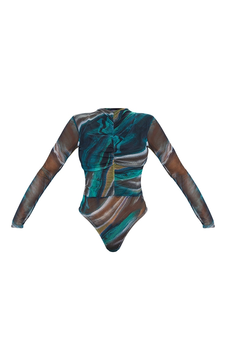 Green Abstract Print Mesh Ruched Sleeve Body PrettyLittleThing