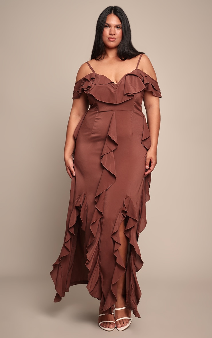Plus Chocolate Cold Shoulder Ruffle Detail Strappy Maxi Dress image 1