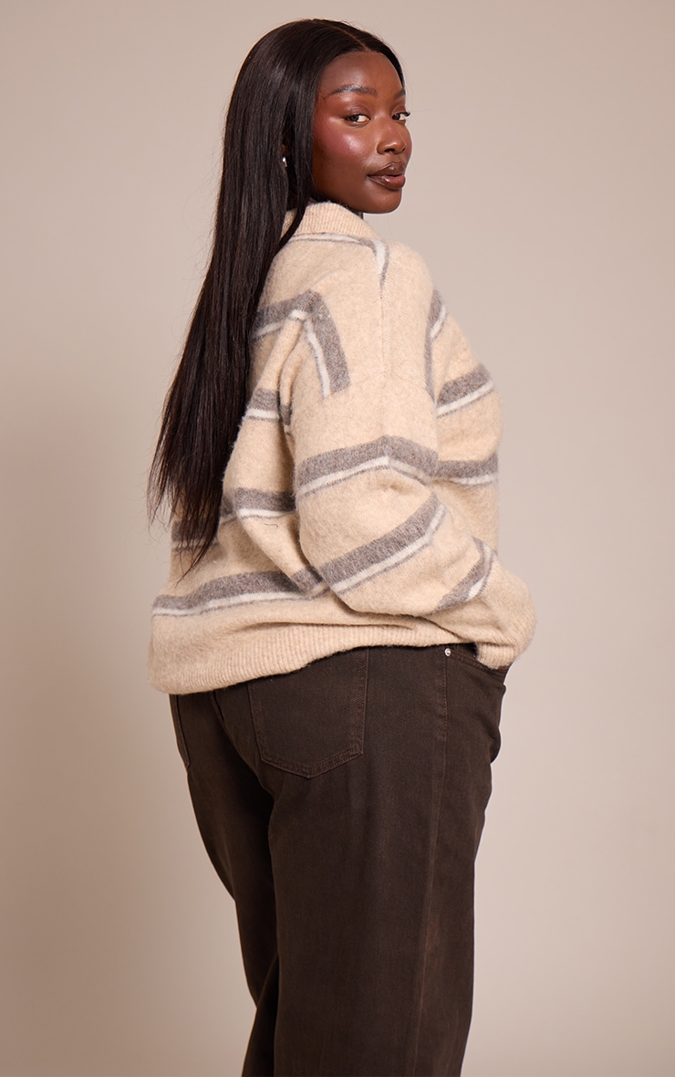 Plus Taupe Striped Brushed Knit Oversized Rugby Style Sweater image 2