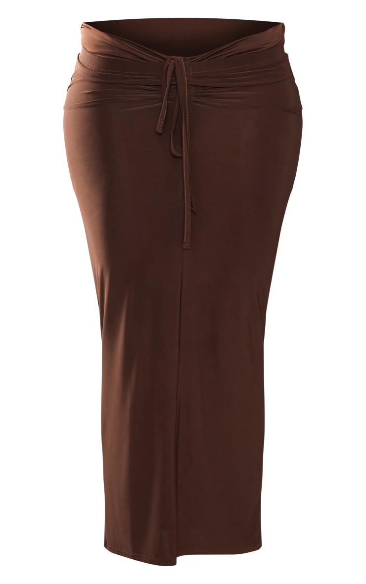 Tall Chocolate Slinky Ruched Detail Midaxi Skirt image 5