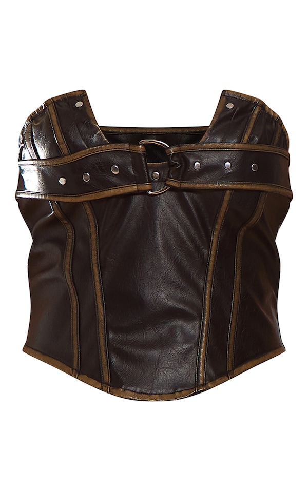Washed Black Faux Leather Belted Bandeau Corset