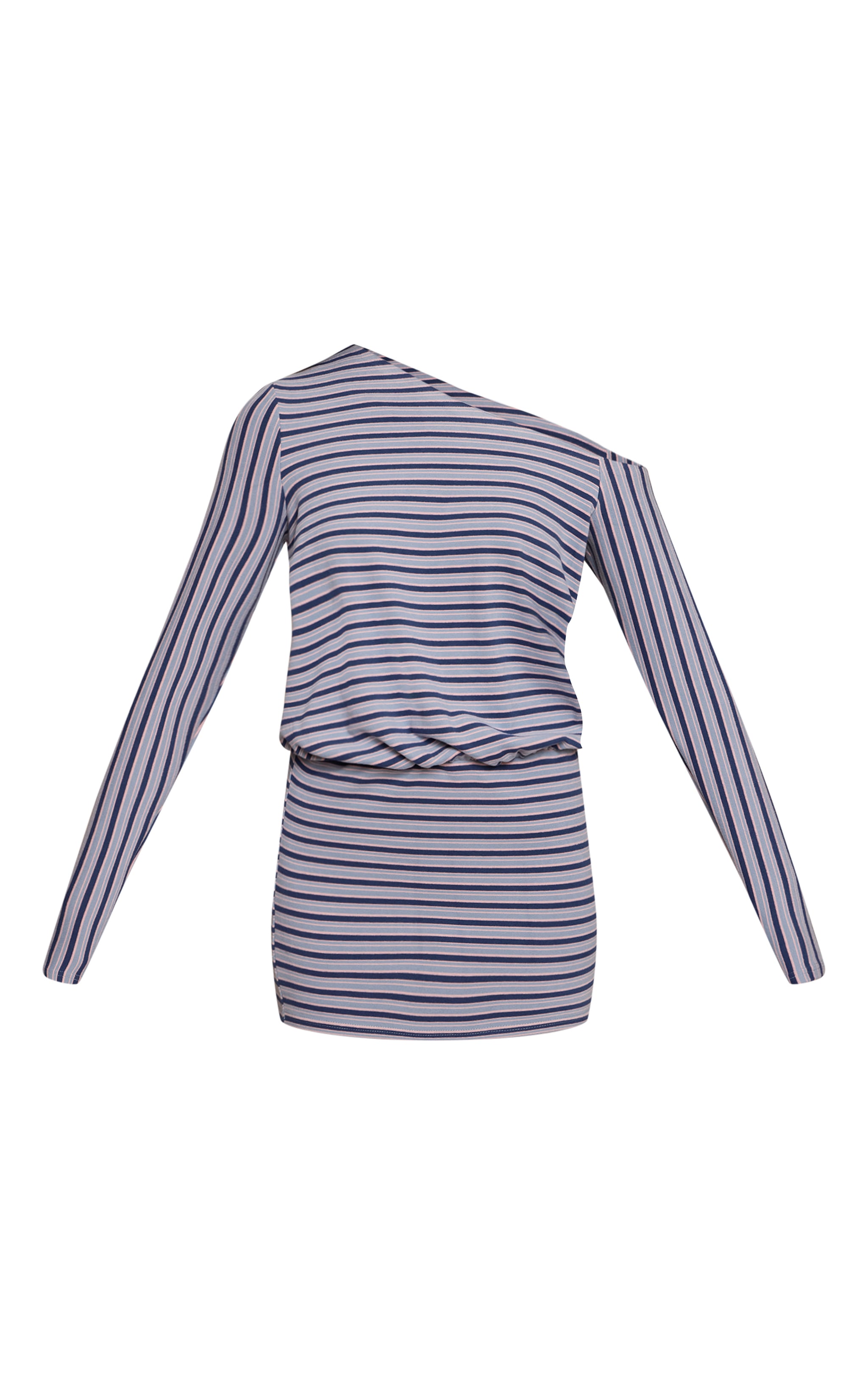 Navy Striped Asymmetric Long Sleeve Bodycon Dress image 5