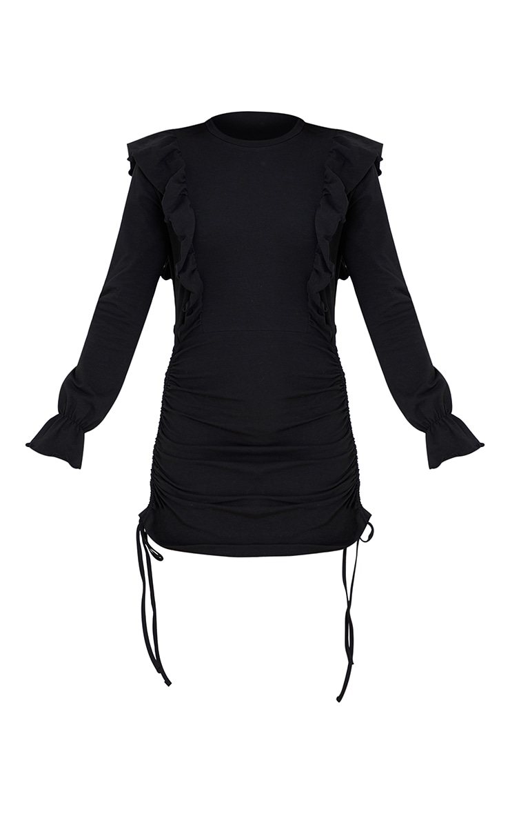 Black Frill Shoulder Ruched Skirt Sweatshirt Dress image 5